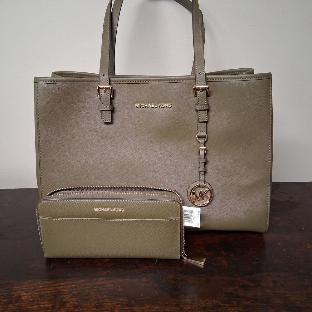 Michael Kors Jet Set Tote Bag Olive Green Gold Hardware MK Charm & Wallet NWT